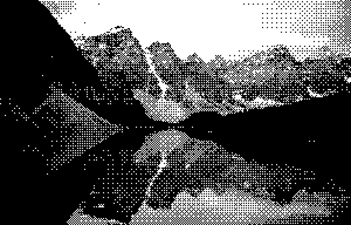 A monochrome halftone mountain landscape